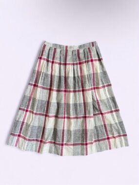 Vintage Jones New York Plaid Pleated Skirt Linen Cotton Ivory Gray Pink Preppy